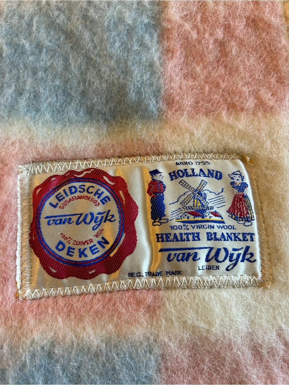 Vintage Van Wyk wool health blanket throw pink blue white satin trim 35X54